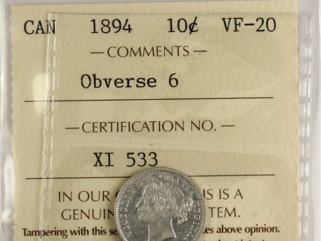 1894 Obv. 6 Canada 10-cents ICCS Certified VF-20 Supply