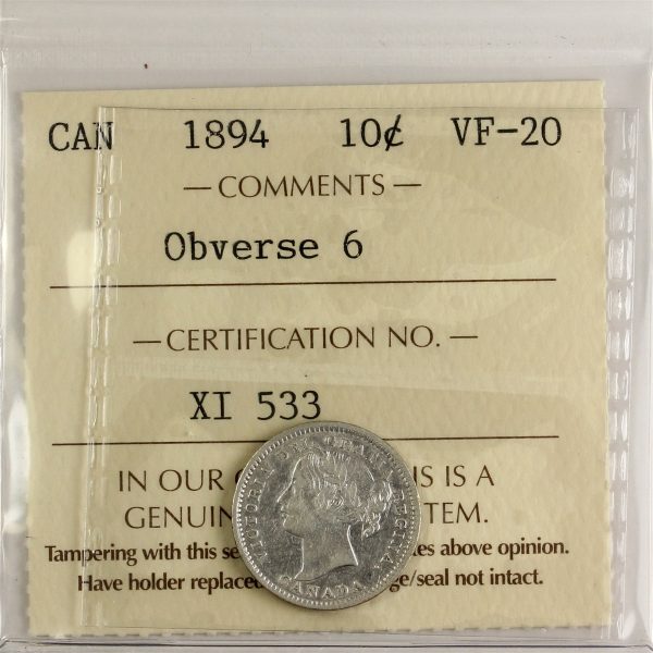 1894 Obv. 6 Canada 10-cents ICCS Certified VF-20 Supply