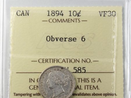 1894 Obv. 6 Canada 10-cents ICCS Certified VF-30 Online Hot Sale