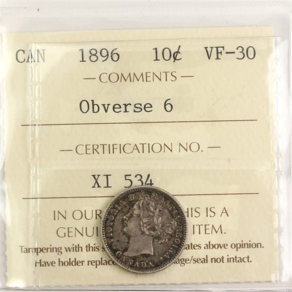 1896 Obv. 6 Canada 10-cents ICCS Certified VF-30 For Discount