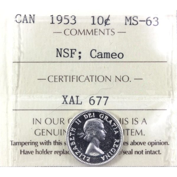 1953 NSF Canada 10-cents ICCS Certified MS-63 Cameo (XAL 677) Fashion