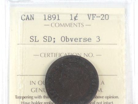 1891 SLSD, Obv. 3 Canada 1-cent ICCS Certified VF-20 For Discount