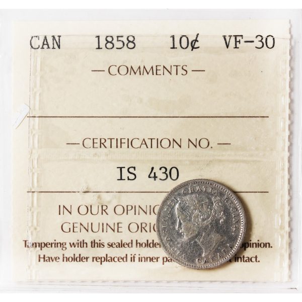 1858 Canada 10-cents ICCS Certified VF-30 Fashion