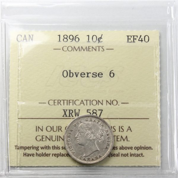 1896 Obv. 6 Canada 10-cents ICCS Certified EF-40 For Cheap